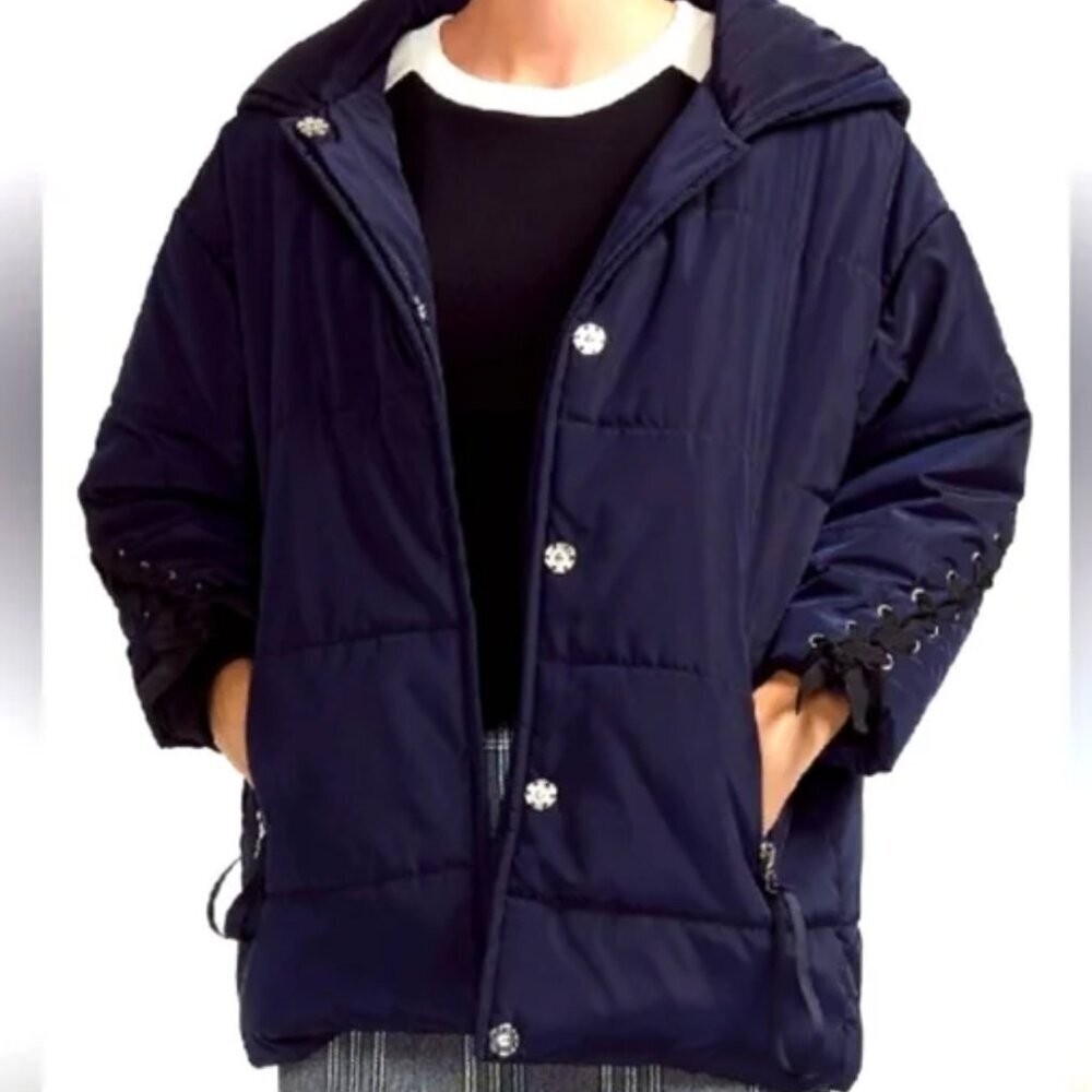Maje Navy Blue Hooded Puffer Jacket Lace Up Detail Small